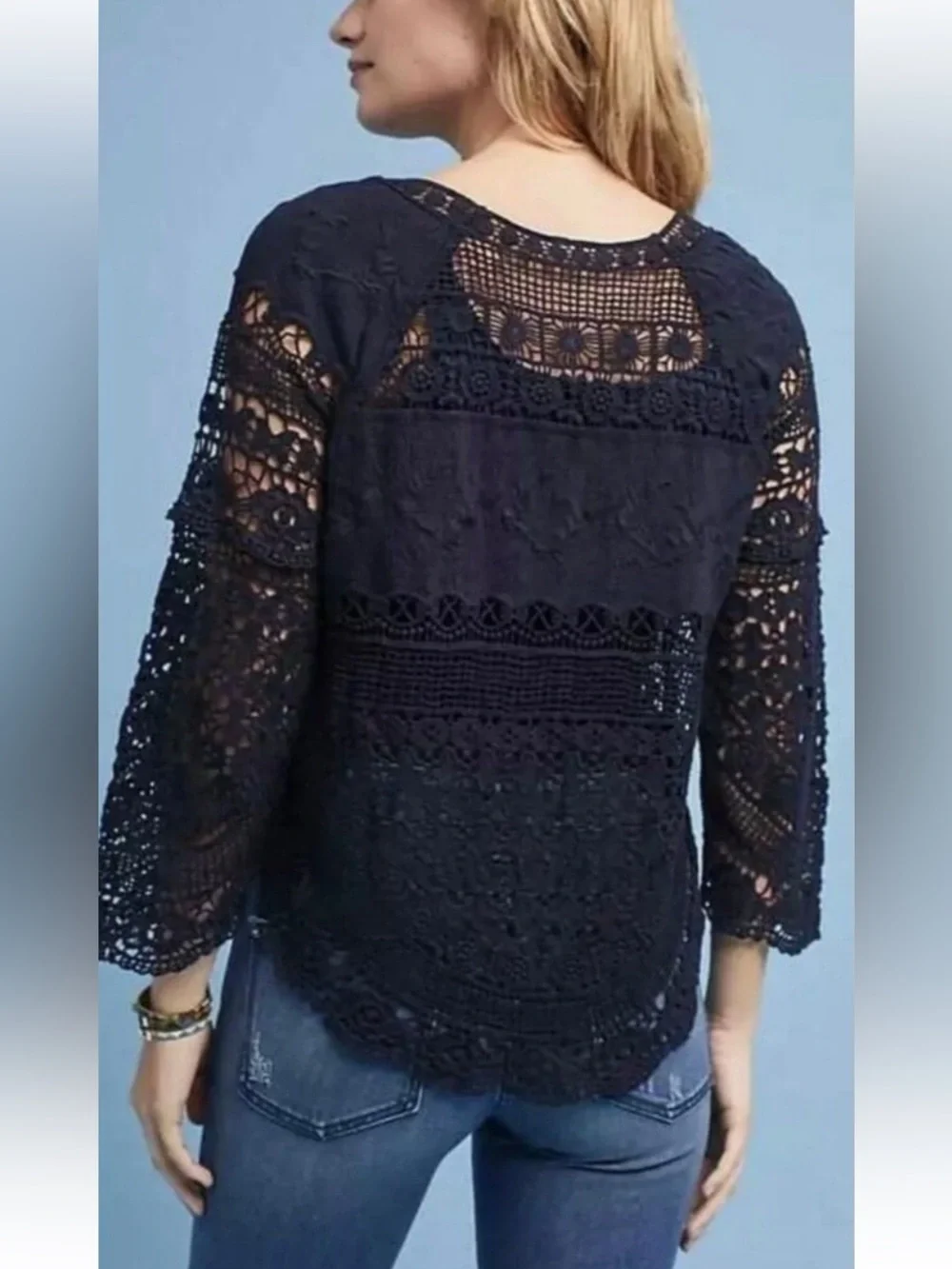 Anthropologie Deletta Crocheted Sweater Navy Long Sleeves Round Neck Boho L 👍